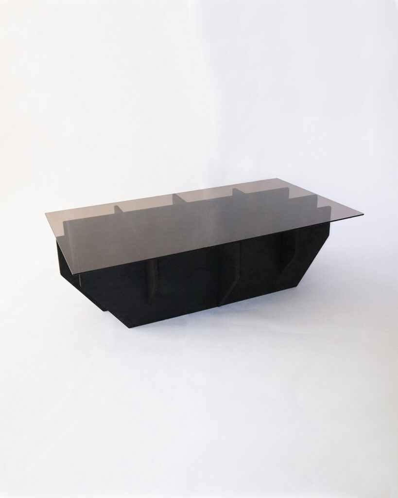 Coal coffee table by Arthur Bitsch, designed in 2024, made from burnt OSB and smoked glass.