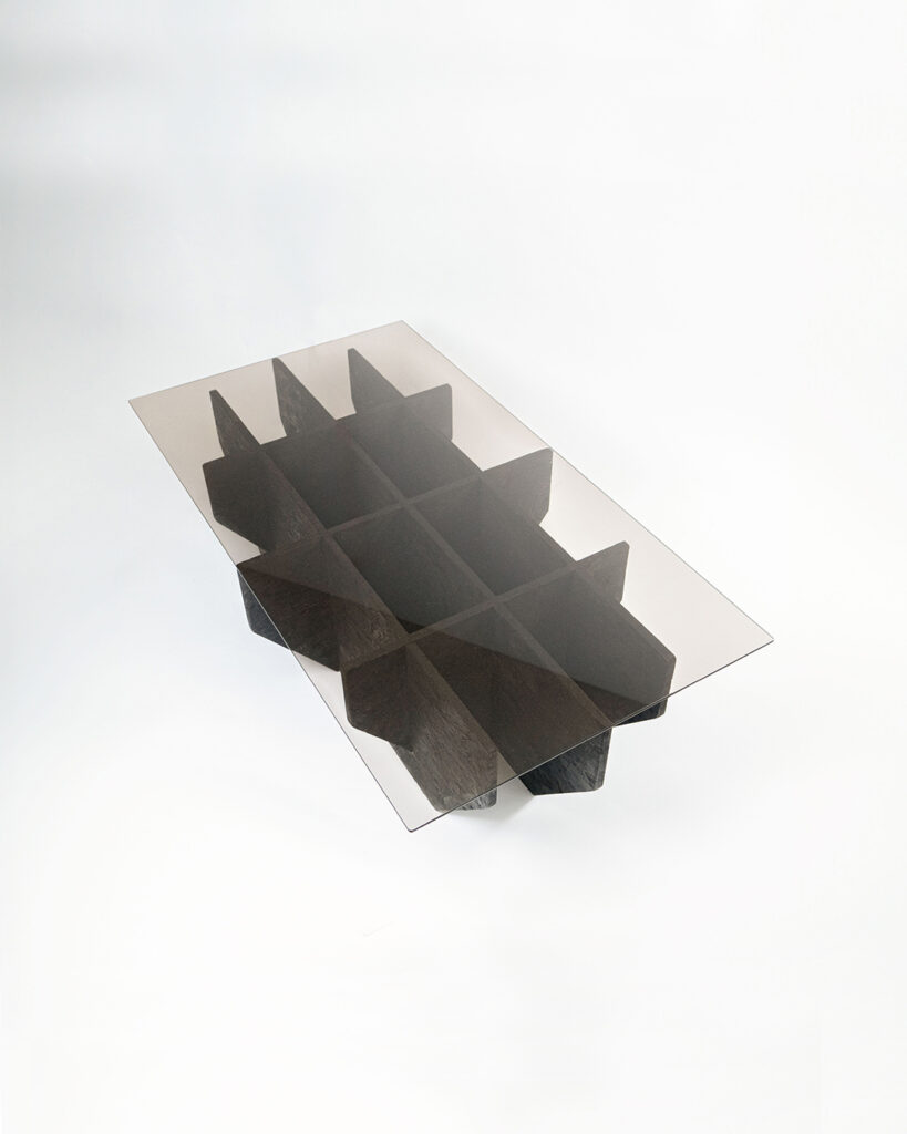 Coal coffee table by Arthur Bitsch, designed in 2024, made from burnt OSB and smoked glass.