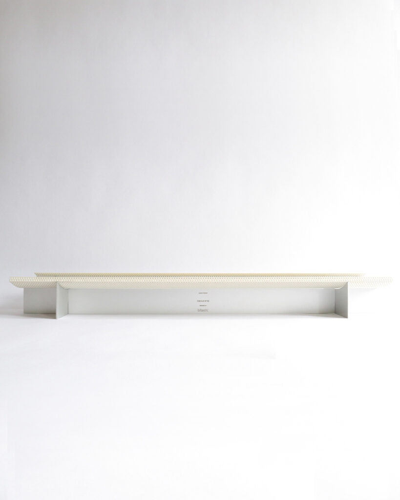 Obole catchall tray by Arthur Bitsch, part of the Altar series, in aluminum and upcycled perforated steel, 2023.
