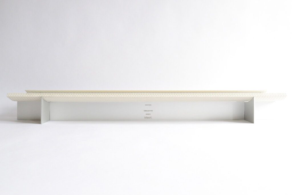 Obole catchall tray by Arthur Bitsch, part of the Altar series, in aluminum and upcycled perforated steel, 2023.