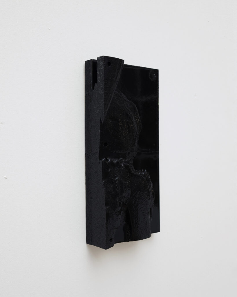Faun bas-relief by Arthur Bitsch, created in 2025, made of MDF and 3D-printed PETG, coated with Dark Matter, exploring the concept of nigredo.
