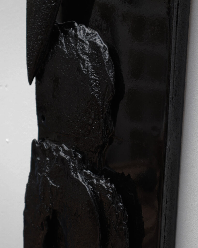 Faun bas-relief by Arthur Bitsch, created in 2025, made of MDF and 3D-printed PETG, coated with Dark Matter, exploring the concept of nigredo.