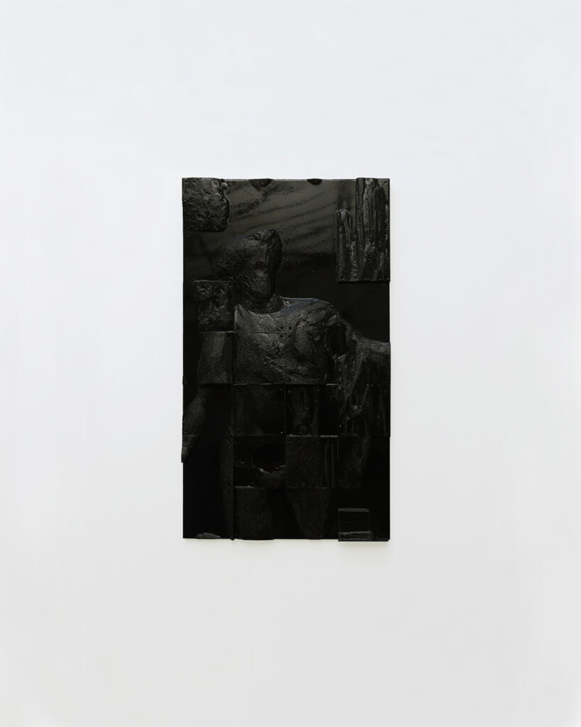 Apollo bas-relief by Arthur Bitsch, created in 2026, made of MDF and 3D-printed PETG, coated with Dark Matter, exploring the concept of nigredo.