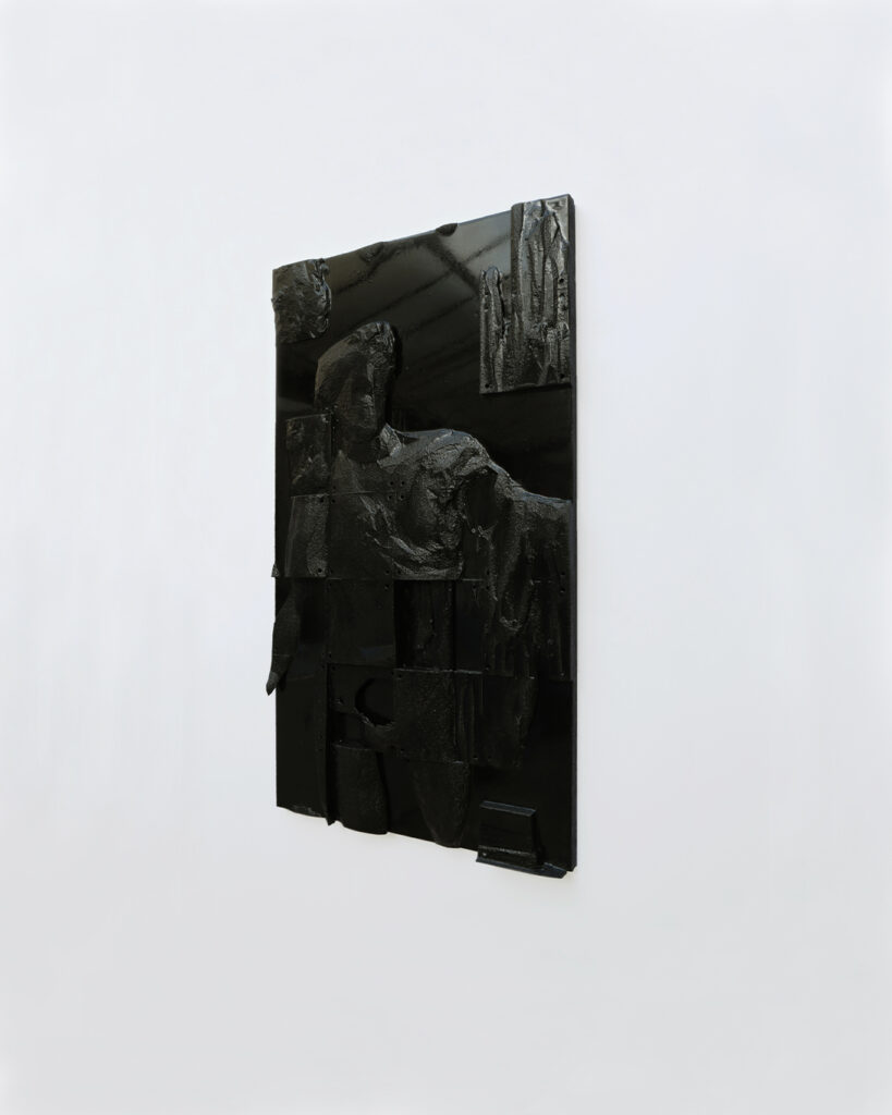 Apollo bas-relief by Arthur Bitsch, created in 2026, made of MDF and 3D-printed PETG, coated with Dark Matter, exploring the concept of nigredo.