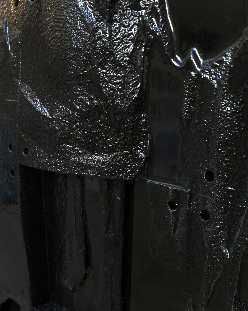 Apollo bas-relief by Arthur Bitsch, created in 2026, made of MDF and 3D-printed PETG, coated with Dark Matter, exploring the concept of nigredo.