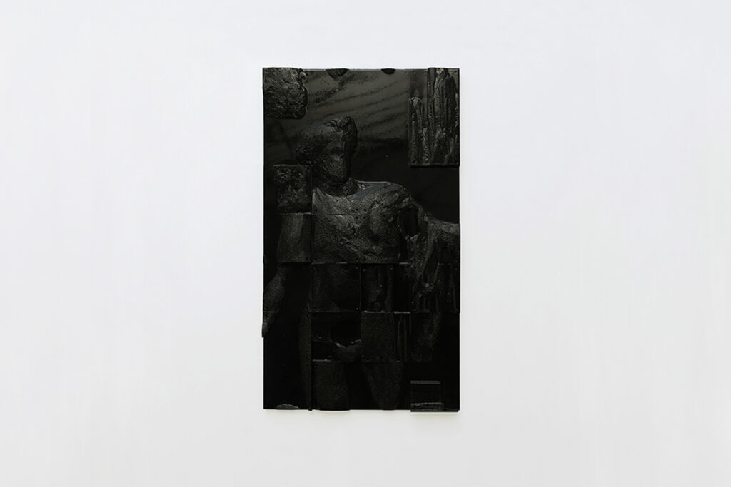 Apollo bas-relief by Arthur Bitsch, created in 2026, made of MDF and 3D-printed PETG, coated with Dark Matter, exploring the concept of nigredo.