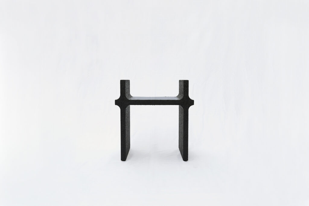 Curul chair by Arthur Bitsch, created in 2026, made of MDF and 3D-printed PETG, coated with Dark Matter, exploring the concept of nigredo.