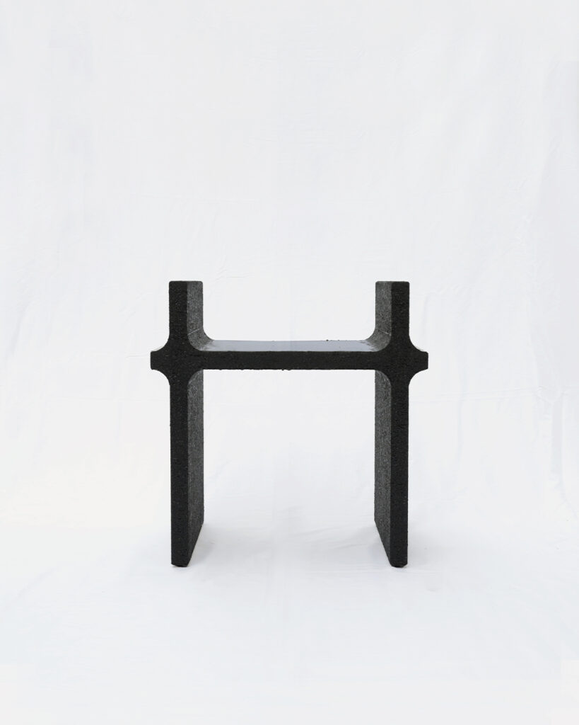 Curul chair by Arthur Bitsch, created in 2026, made of MDF and 3D-printed PETG, coated with Dark Matter, exploring the concept of nigredo.