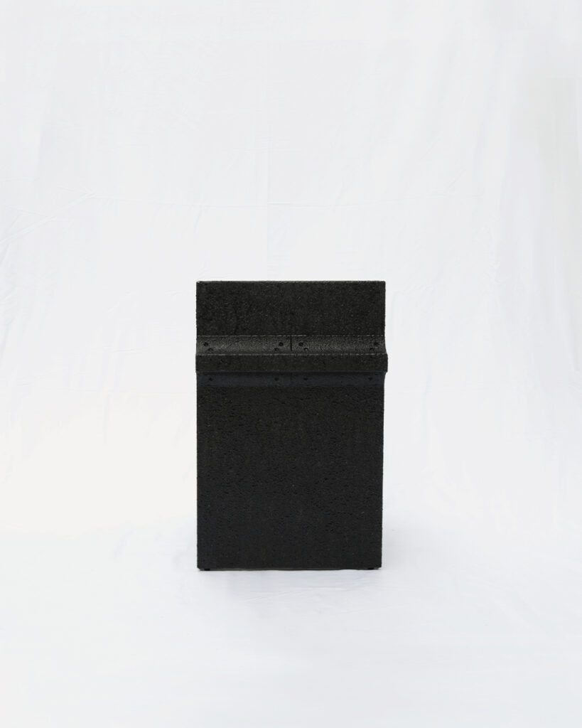 Curul chair by Arthur Bitsch, created in 2026, made of MDF and 3D-printed PETG, coated with Dark Matter, exploring the concept of nigredo.