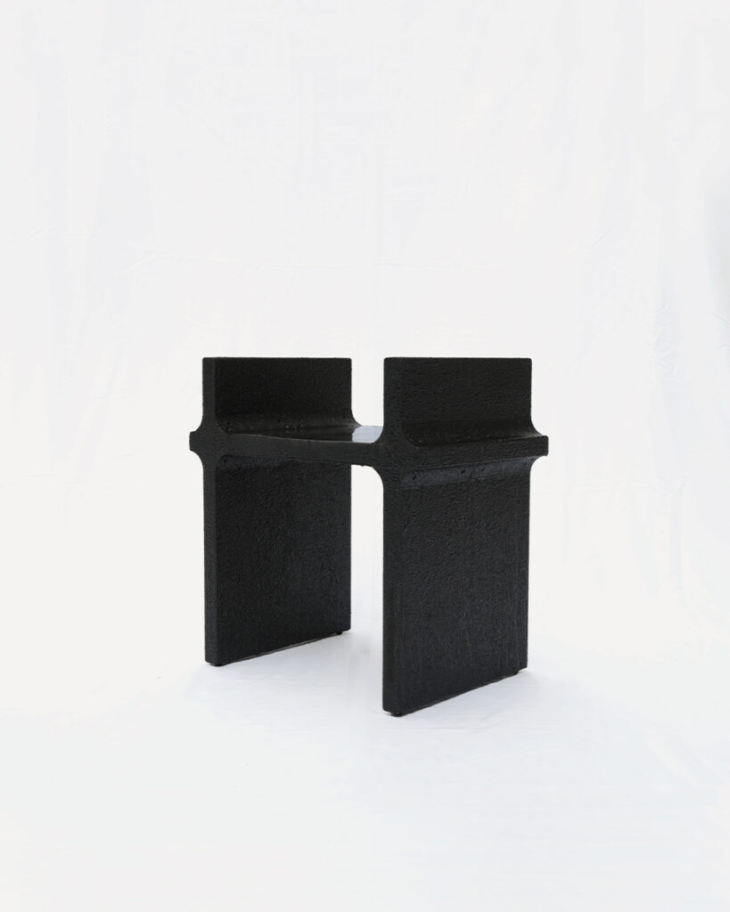 Curul chair by Arthur Bitsch, created in 2026, made of MDF and 3D-printed PETG, coated with Dark Matter, exploring the concept of nigredo.