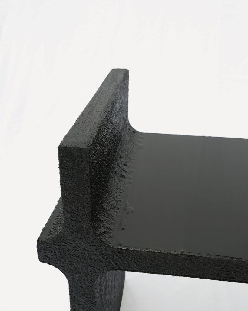 Curul chair by Arthur Bitsch, created in 2026, made of MDF and 3D-printed PETG, coated with Dark Matter, exploring the concept of nigredo.