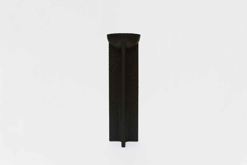 Nun ritual font by Arthur Bitsch, created in 2026, made of MDF, PETG and stainless steel, coated with Dark Matter, exploring the concept of nigredo.