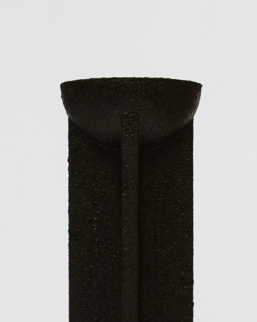 Nun ritual font by Arthur Bitsch, created in 2026, made of MDF, PETG and stainless steel, coated with Dark Matter, exploring the concept of nigredo.