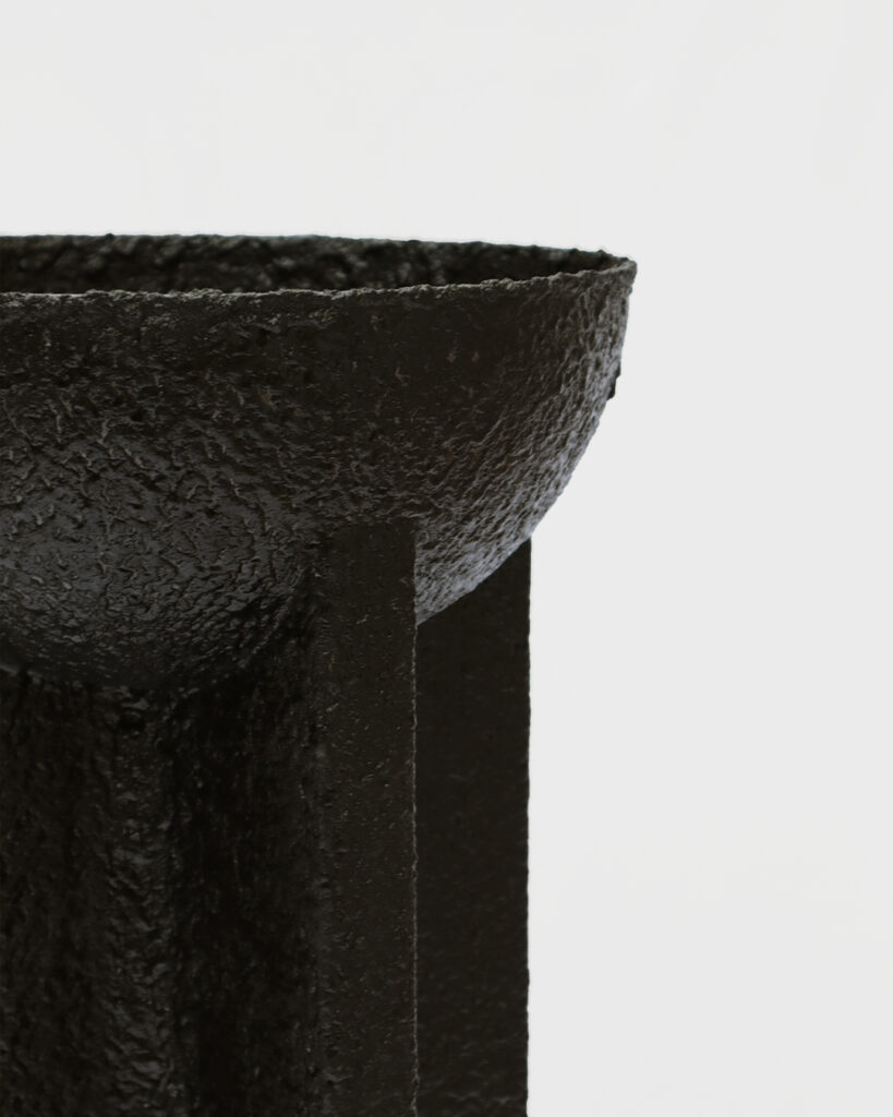 Nun ritual font by Arthur Bitsch, created in 2026, made of MDF, PETG and stainless steel, coated with Dark Matter, exploring the concept of nigredo.