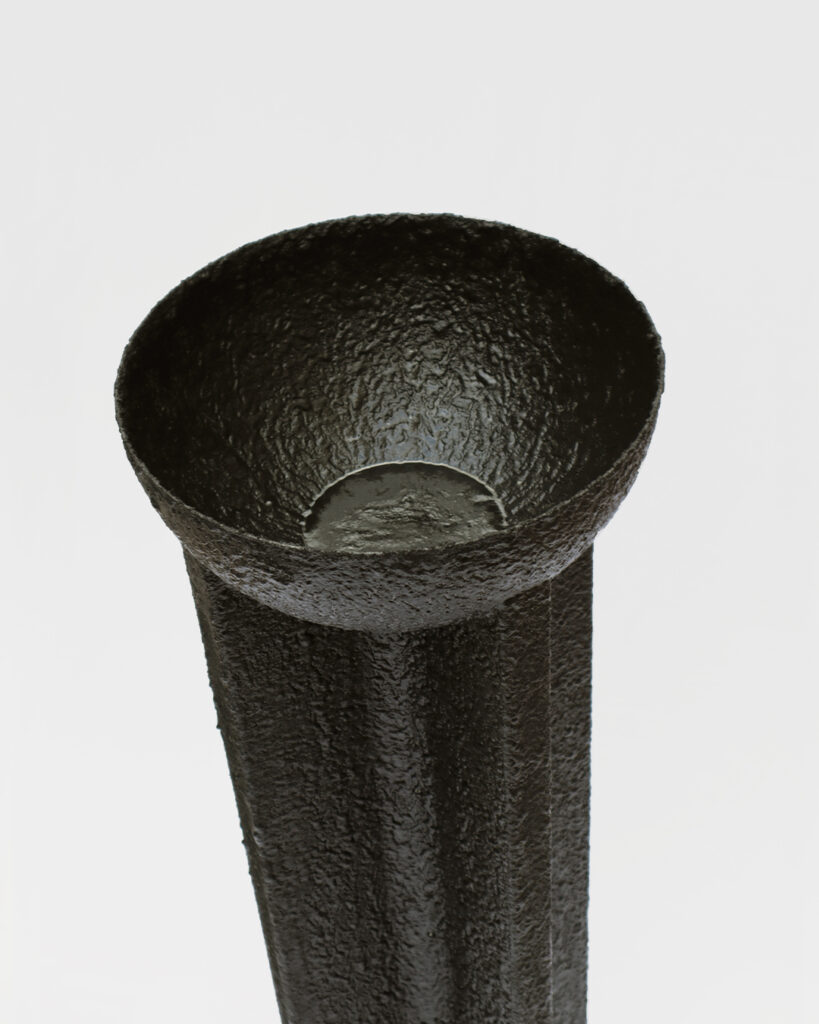 Nun ritual font by Arthur Bitsch, created in 2026, made of MDF, PETG and stainless steel, coated with Dark Matter, exploring the concept of nigredo.
