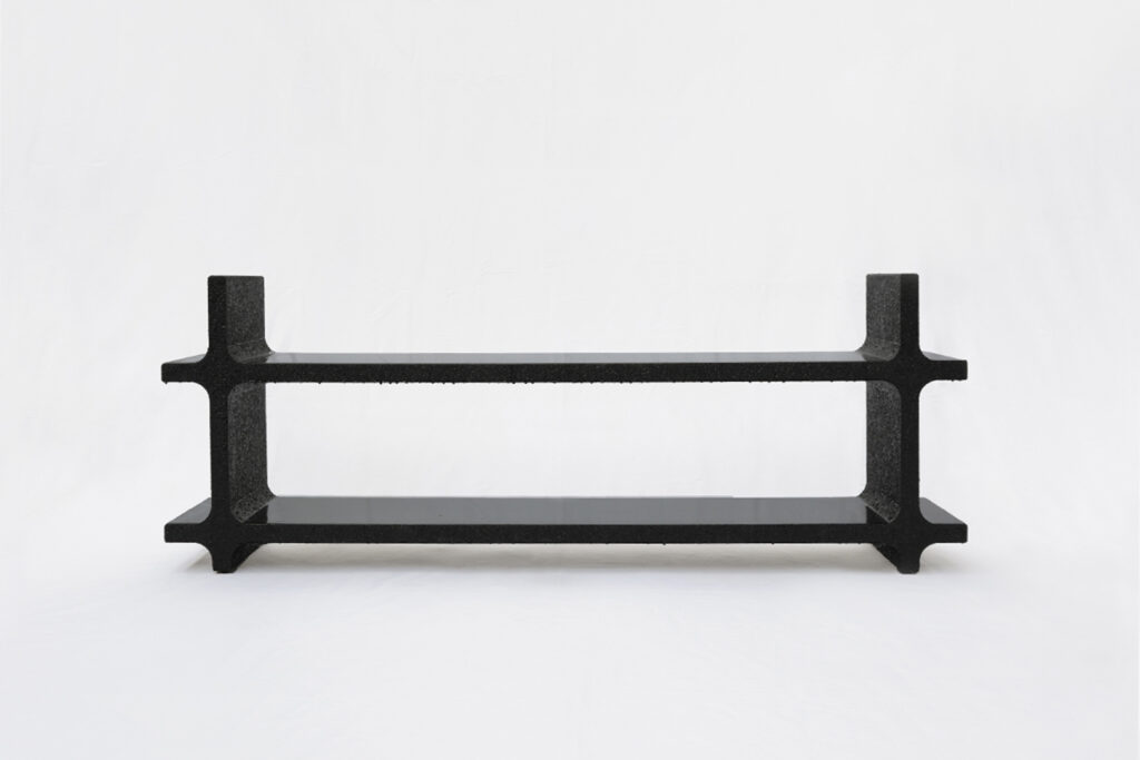 Stal bench by Arthur Bitsch, created in 2026, made of MDF and 3D-printed PETG, coated with Dark Matter, exploring the concept of nigredo.