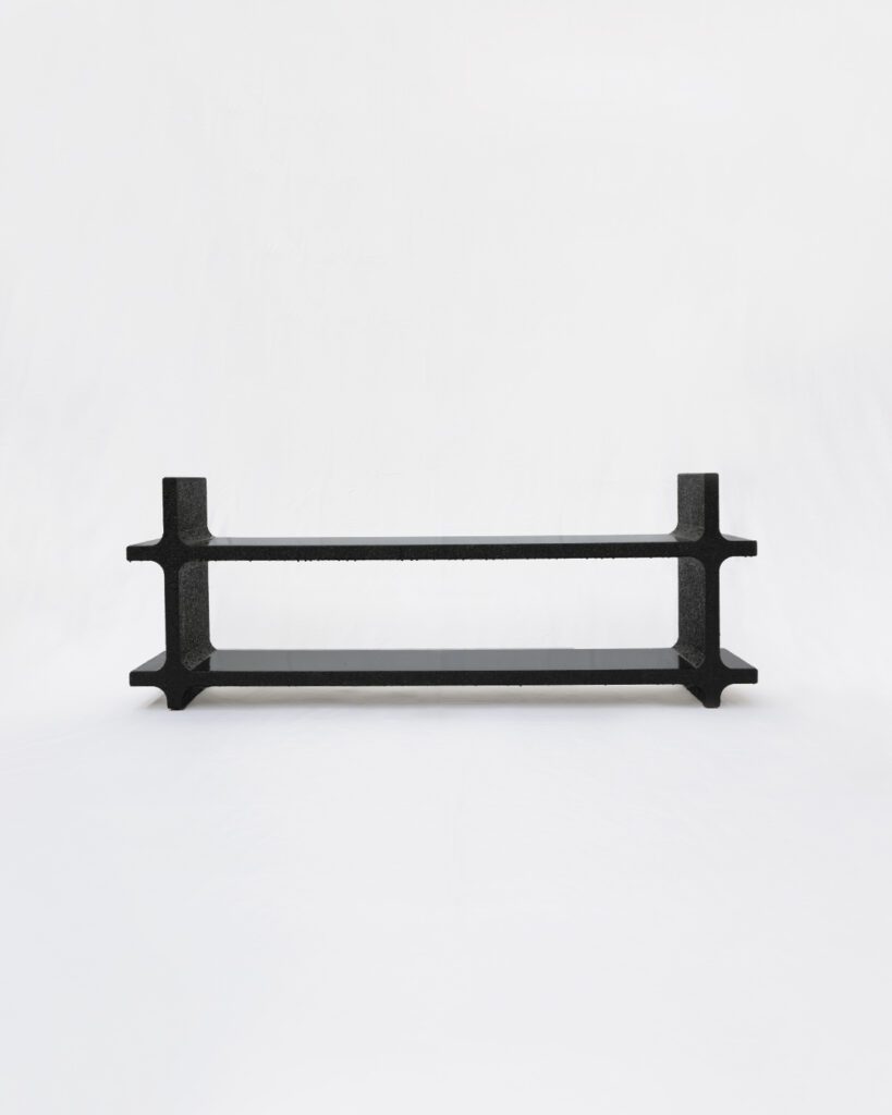Stal bench by Arthur Bitsch, created in 2026, made of MDF and 3D-printed PETG, coated with Dark Matter, exploring the concept of nigredo.
