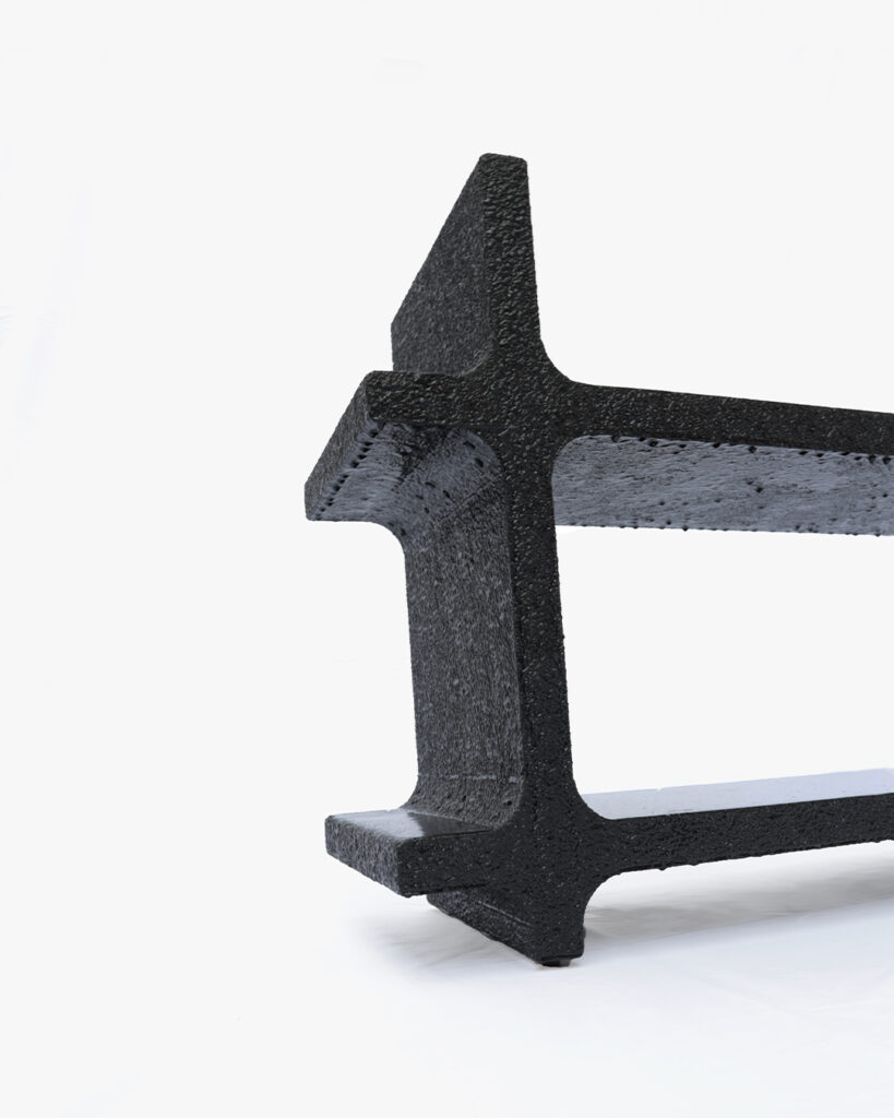 Stal bench by Arthur Bitsch, created in 2026, made of MDF and 3D-printed PETG, coated with Dark Matter, exploring the concept of nigredo.