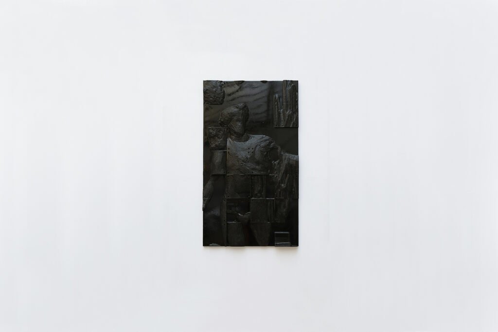 Apollo bas-relief by Arthur Bitsch, created in 2026, made of MDF and 3D-printed PETG, coated with Dark Matter, exploring the concept of nigredo.