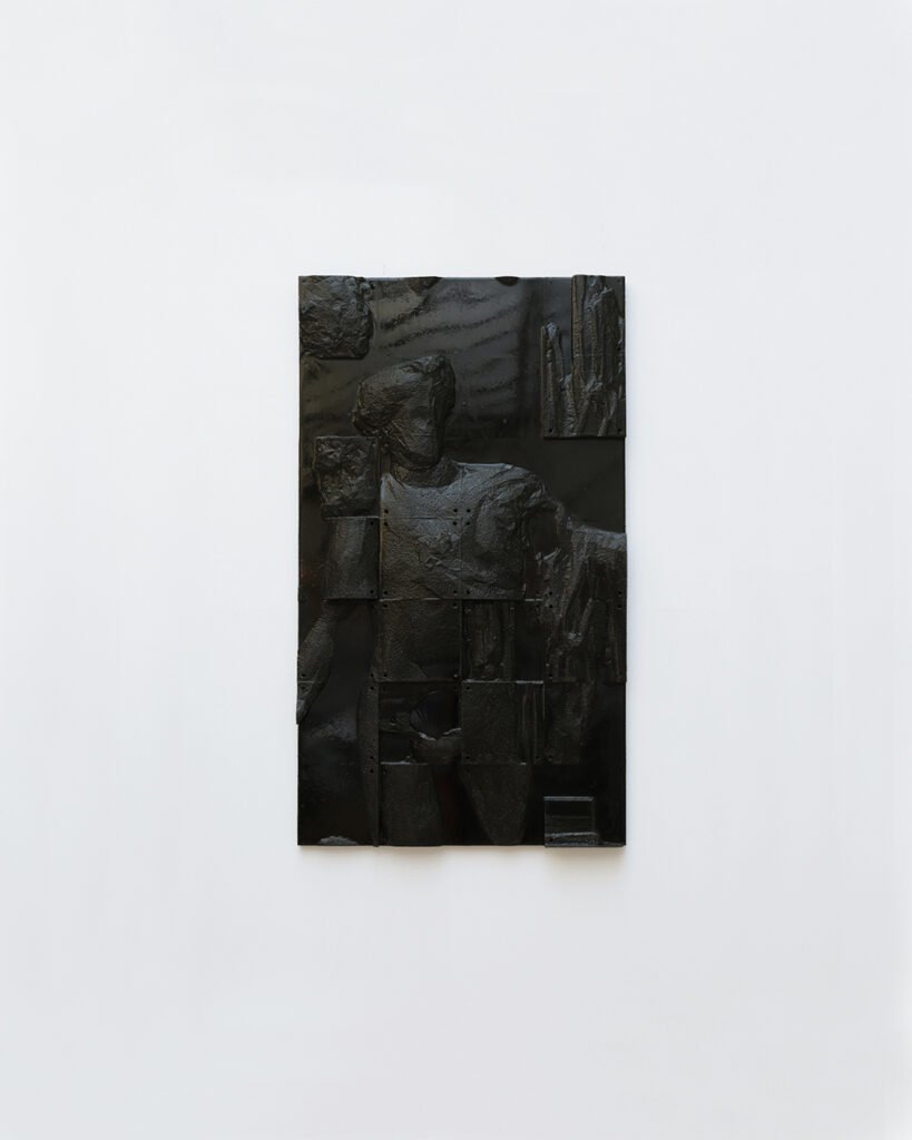Apollo bas-relief by Arthur Bitsch, created in 2026, made of MDF and 3D-printed PETG, coated with Dark Matter, exploring the concept of nigredo.