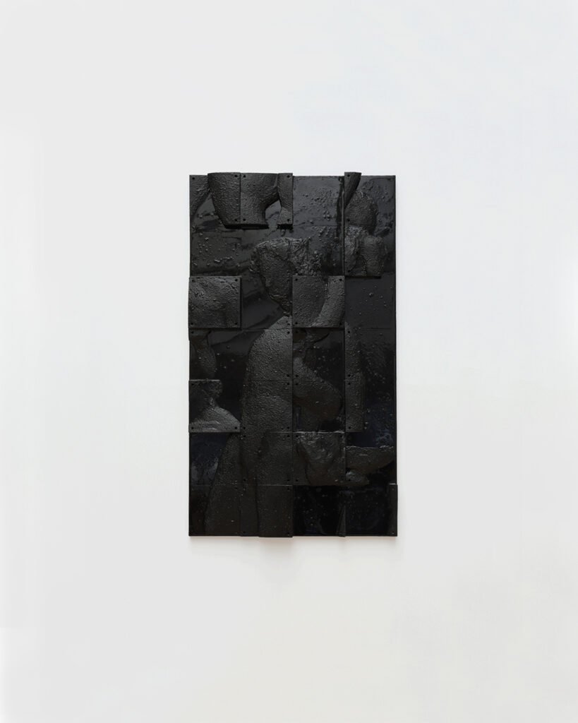 Dionysos bas-relief by Arthur Bitsch, created in 2026, made of MDF and 3D-printed PETG, coated with Dark Matter, exploring the concept of nigredo.