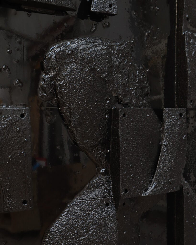 Dionysos bas-relief by Arthur Bitsch, created in 2026, made of MDF and 3D-printed PETG, coated with Dark Matter, exploring the concept of nigredo.