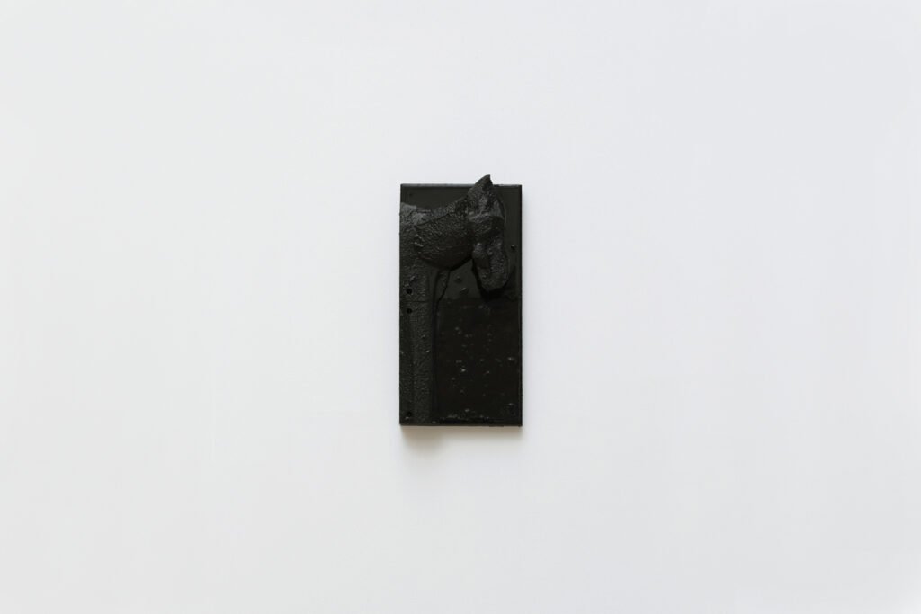 Qeshet bas-relief by Arthur Bitsch, created in 2026, made of MDF and 3D-printed PETG, coated with Dark Matter, exploring the concept of nigredo.