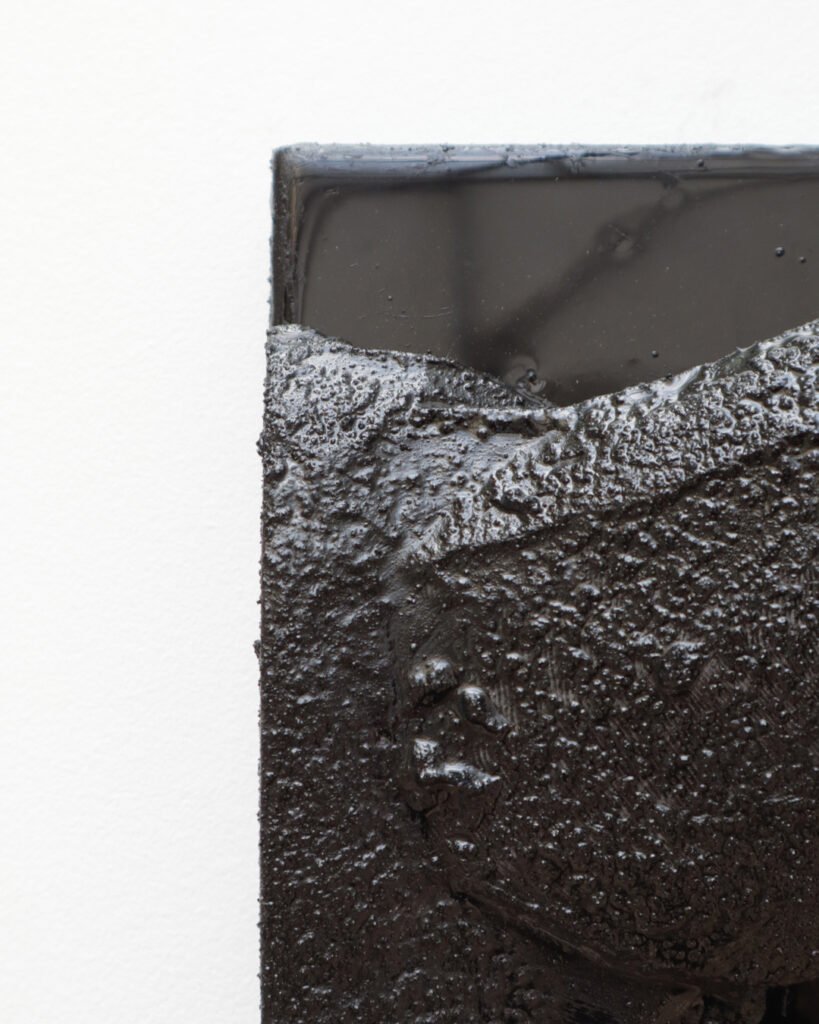 Qeshet bas-relief by Arthur Bitsch, created in 2026, made of MDF and 3D-printed PETG, coated with Dark Matter, exploring the concept of nigredo.